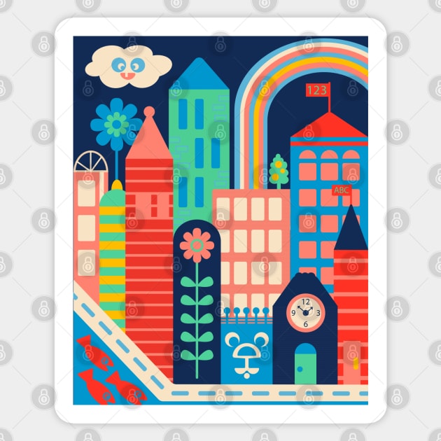 CITY KIDS Cityscape Cute Kawaii Cloud Buildings Rainbow Flower and Hidden Bear Face - UnBlink Studio by Jackie Tahara Sticker by UnBlink Studio by Jackie Tahara